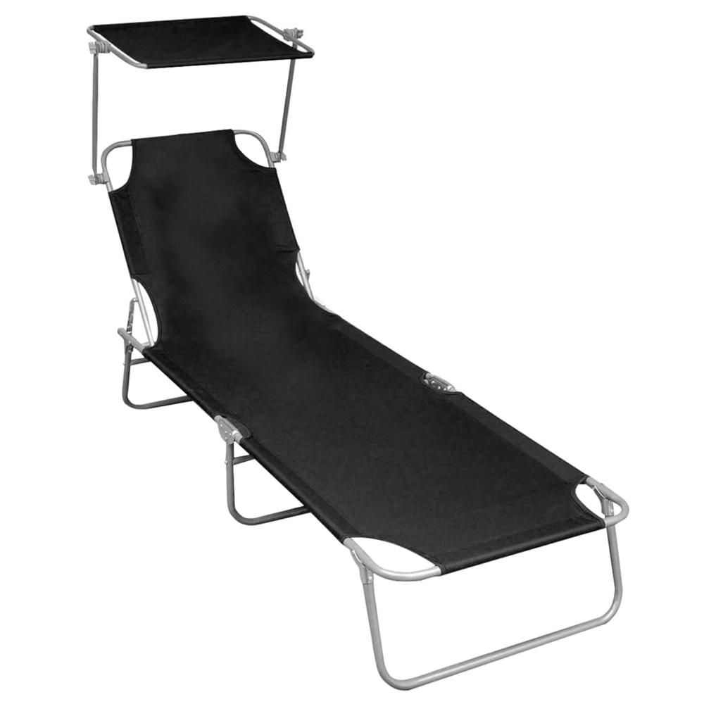 vidaXL Folding Sun Lounger with Canopy Black Aluminium, 47770