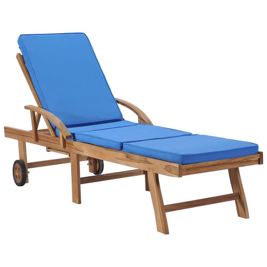 vidaXL Sun Lounger with Cushion Solid Teak Wood Blue, 48025