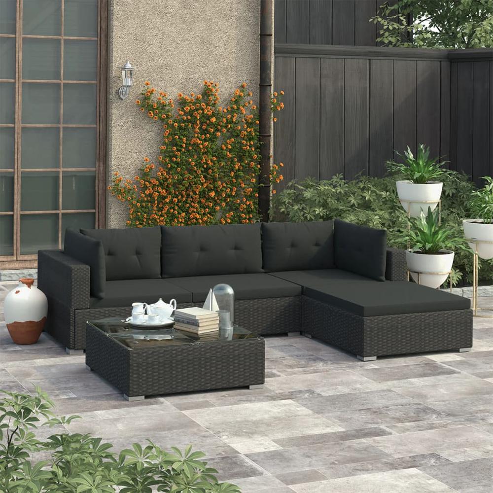 vidaXL 5 Piece Garden Lounge Set with Cushions Poly Rattan Black, 48271