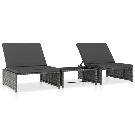 vidaXL Sun Loungers 2 pcs with Table Poly Rattan Gray, 47401