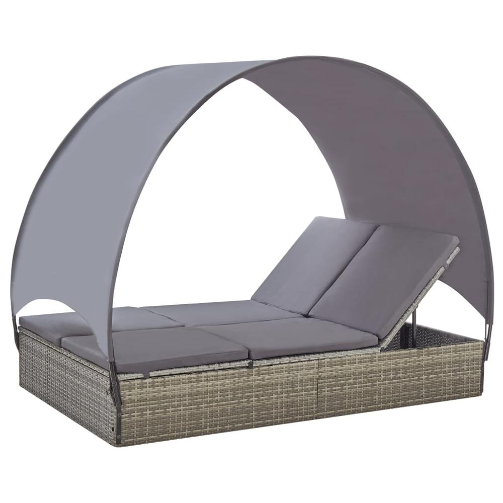 vidaXL Double Sun Lounger with Canopy Poly Rattan Gray, 45776