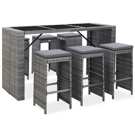 vidaXL 7 Piece Garden Bar Set with Cushions Poly Rattan Gray, 49561