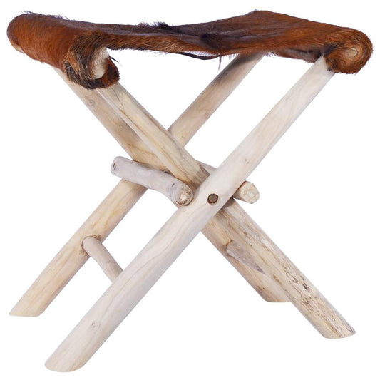 vidaXL Folding Stool Real Leather and Solid Teak Wood, 288815