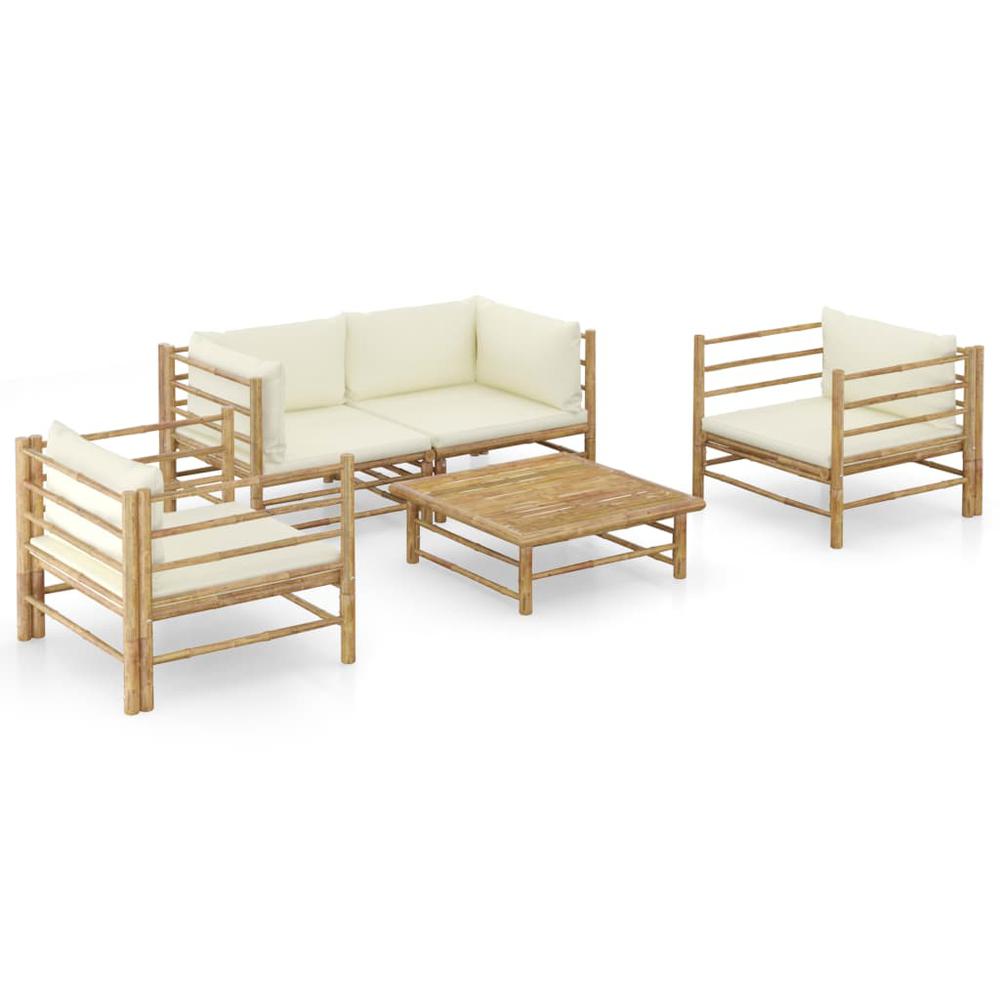 vidaXL 5 Piece Garden Lounge Set with Cream White Cushions Bamboo 8207