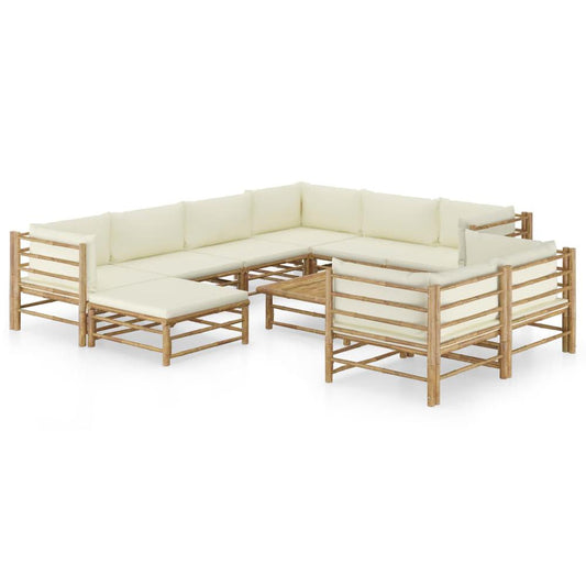 vidaXL 10 Piece Garden Lounge Set with Cream White Cushions Bamboo 8221