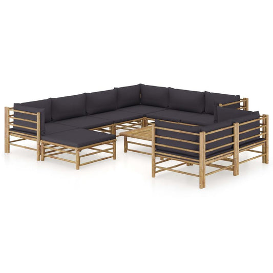 vidaXL 10 Piece Garden Lounge Set with Dark Gray Cushions Bamboo 8222