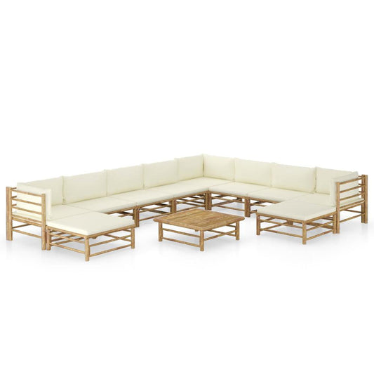 vidaXL 11 Piece Garden Lounge Set with Cream White Cushions Bamboo 8223