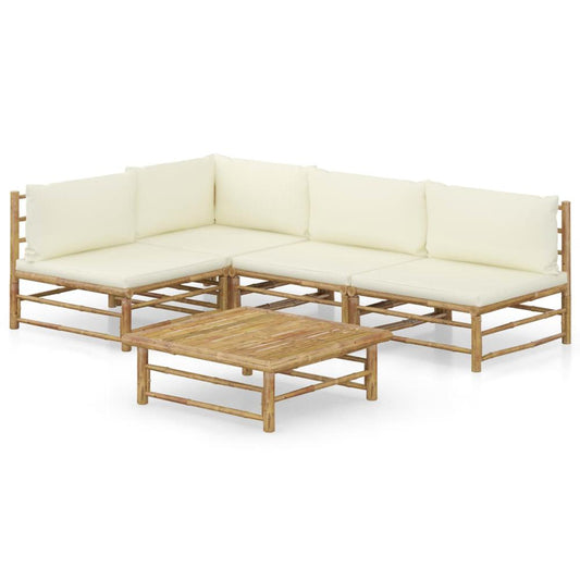 vidaXL 5 Piece Garden Lounge Set with Cream White Cushions Bamboo 8241