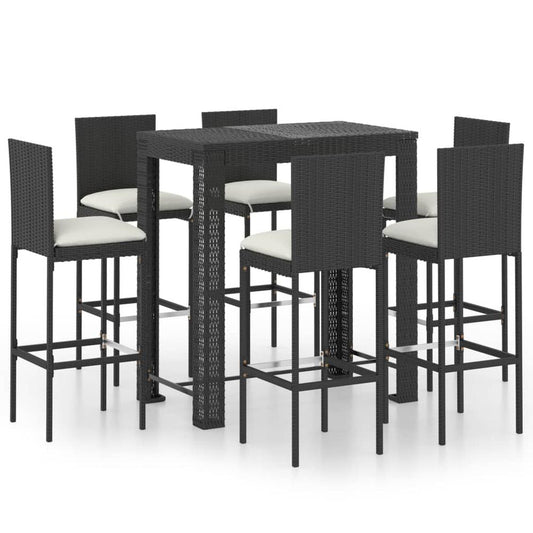 vidaXL 7 Piece Outdoor Bar Set with Cushions Poly Rattan Black 4798