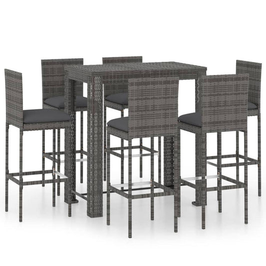 vidaXL 7 Piece Outdoor Bar Set with Cushions Poly Rattan Gray 4799