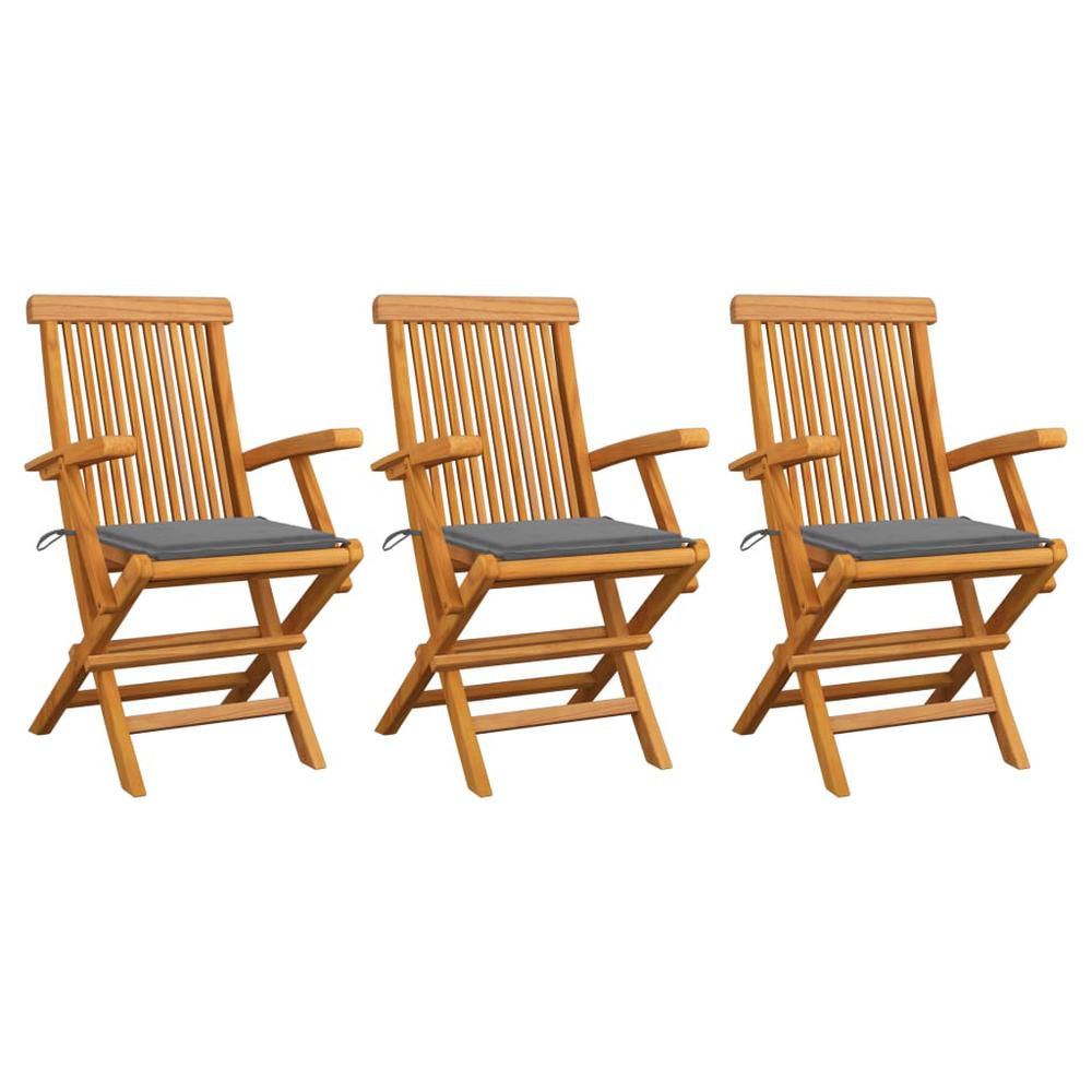 vidaXL Garden Chairs with Gray Cushions 3 pcs Solid Teak Wood, 3062515