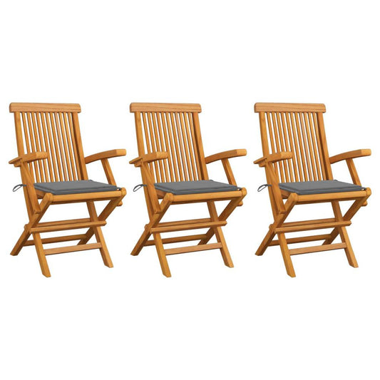 vidaXL Garden Chairs with Gray Cushions 3 pcs Solid Teak Wood, 3062515