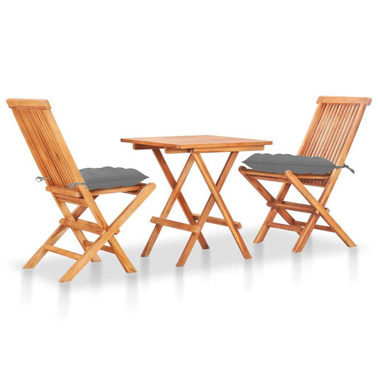 vidaXL 3 Piece Bistro Set with Gray Cushions Solid Teak Wood 3241