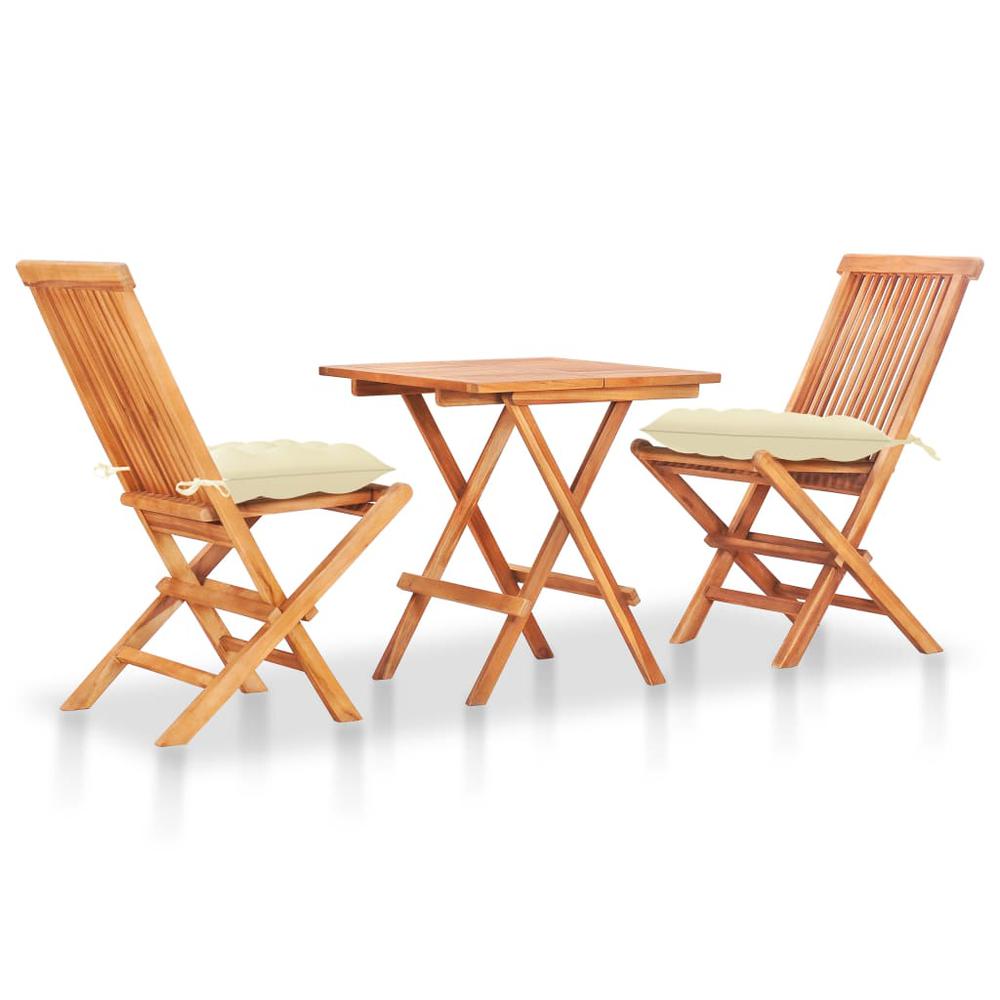 vidaXL 3 Piece Bistro Set with Cream White Cushions Solid Teak Wood 3242