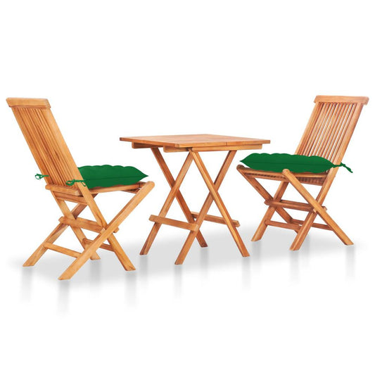 vidaXL 3 Piece Bistro Set with Green Cushions Solid Teak Wood 3245