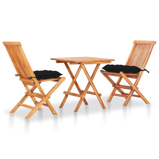 vidaXL 3 Piece Bistro Set with Black Cushions Solid Teak Wood 3247