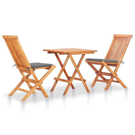 vidaXL 3 Piece Bistro Set with Gray Cushions Solid Teak Wood