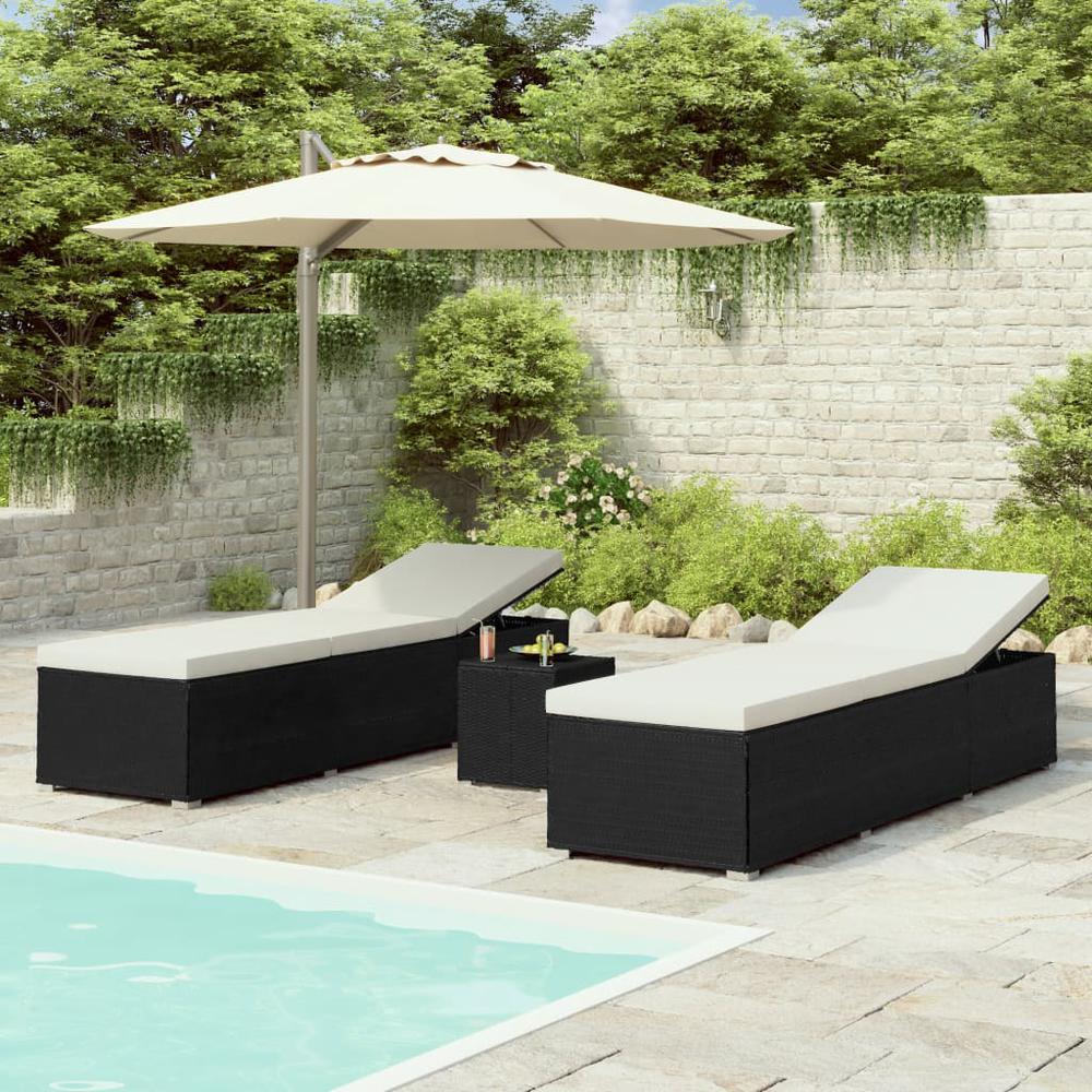 vidaXL 3 Piece Patio Sun Loungers with Tea Table Poly Rattan Black, 3057662