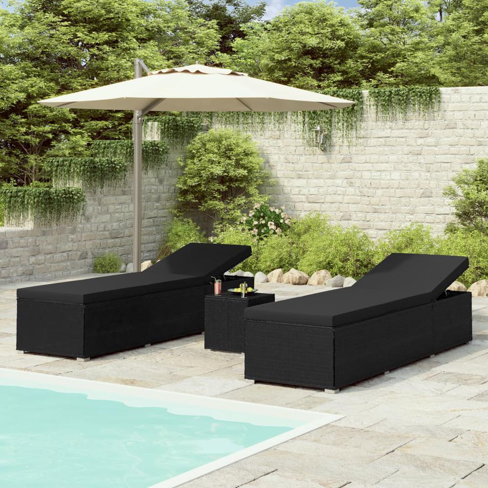 vidaXL 3 Piece Patio Sun Loungers with Tea Table Poly Rattan Black, 3057666