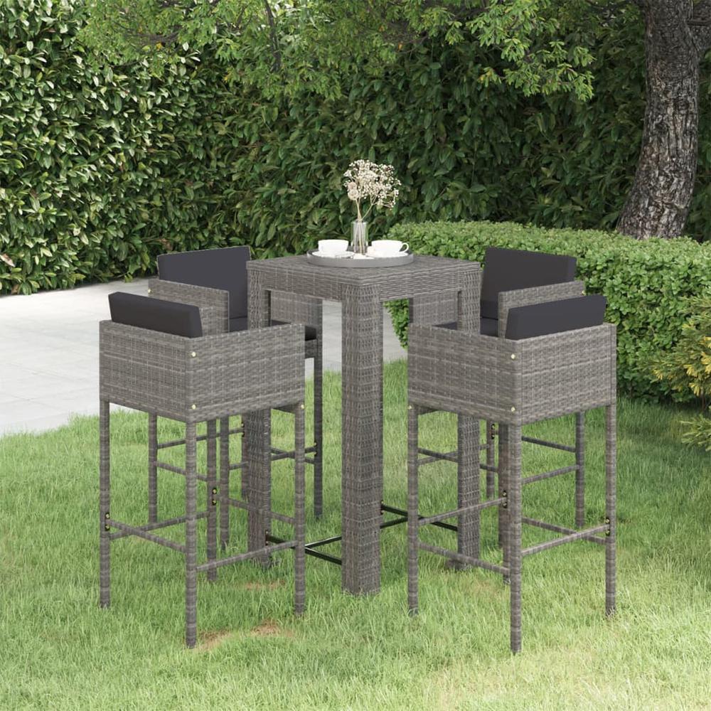 vidaXL 5 Piece Patio Bar Set with Cushions Poly Rattan Gray, 3094782