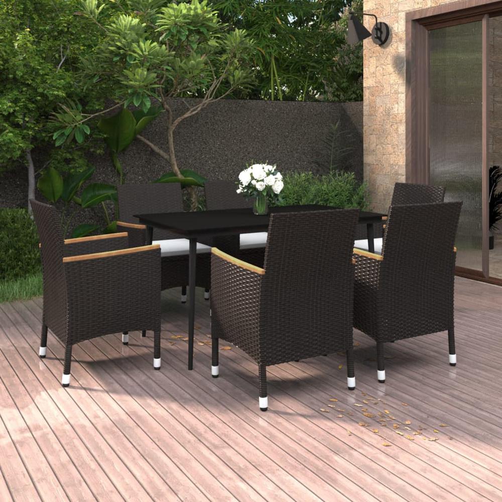 vidaXL 7 Piece Patio Dining Set with Cushions Poly Rattan and Glass, 3099784