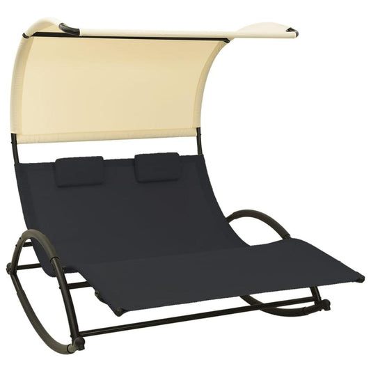 vidaXL Double Sun Lounger with Canopy Textilene Black and Cream