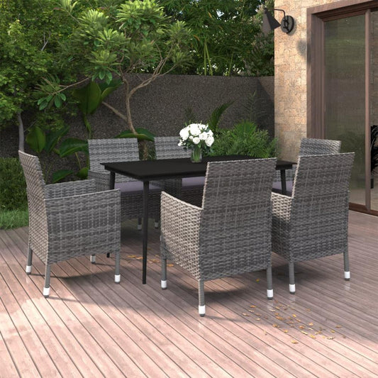 vidaXL 7 Piece Patio Dining Set with Cushions Poly Rattan and Glass, 3099742