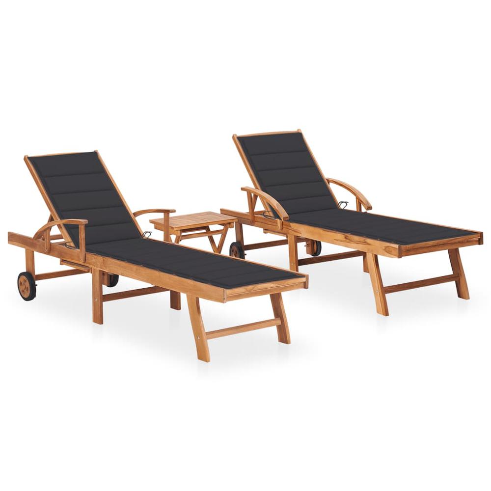 vidaXL Sun Loungers 2 pcs with Table and Cushion Solid Teak Wood, 3073171