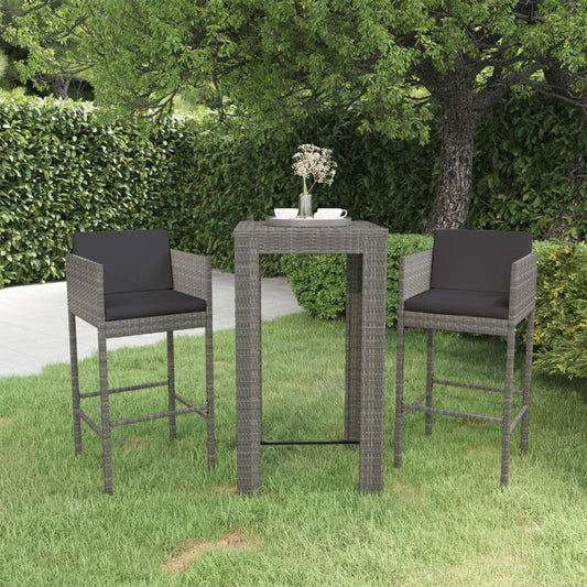 vidaXL 3 Piece Patio Bar Set with Cushions Poly Rattan Gray, 3094779