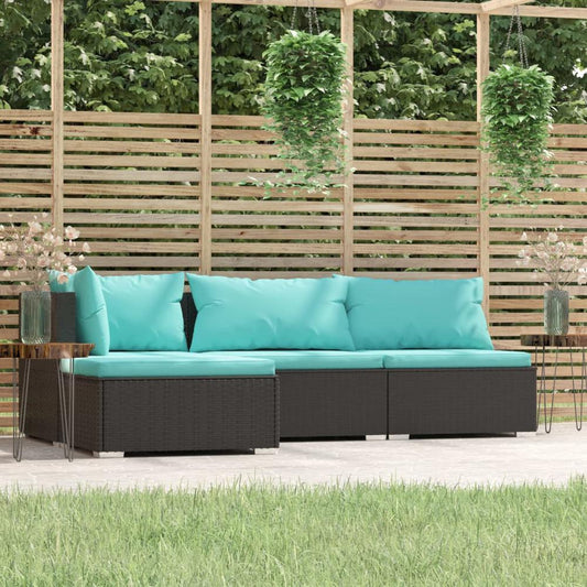 vidaXL 4 Piece Patio Lounge Set with Cushions Black Poly Rattan, 317534