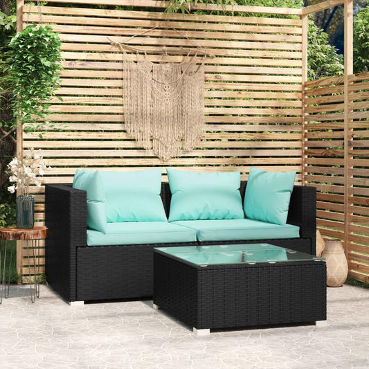 vidaXL 3 Piece Patio Lounge Set with Cushions Black Poly Rattan, 317532