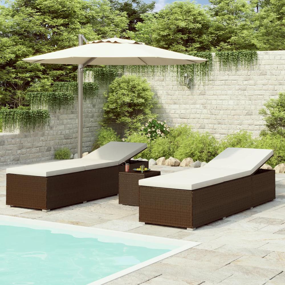 vidaXL 3 Piece Patio Sun Loungers with Tea Table Poly Rattan Brown