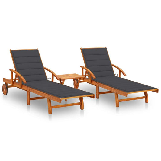 vidaXL Sun Loungers 2 pcs with Table and Cushions Solid Acacia Wood, 3077345