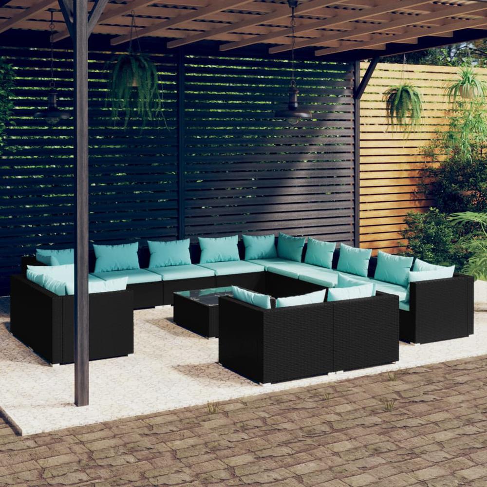 vidaXL 14 Piece Patio Lounge Set with Cushions Black Poly Rattan, 3102913