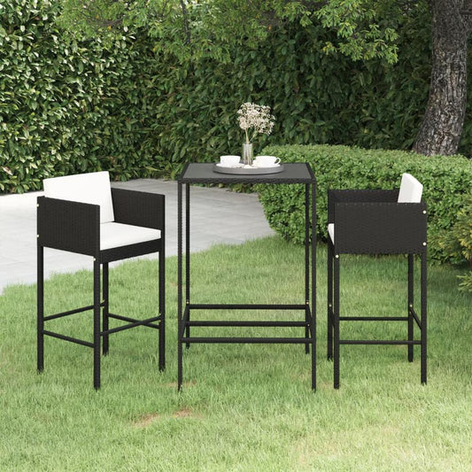 vidaXL 3 Piece Patio Bar Set with Cushions Poly Rattan Black, 3094787