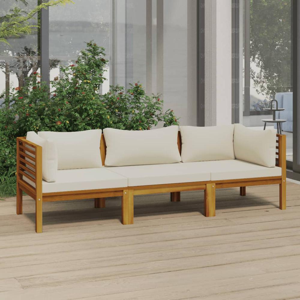 vidaXL 3-Seater Patio Sofa with Cream Cushion Solid Acacia Wood