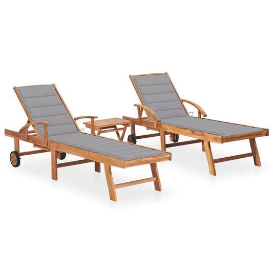 vidaXL Sun Loungers 2 pcs with Table and Cushion Solid Teak Wood, 3073172