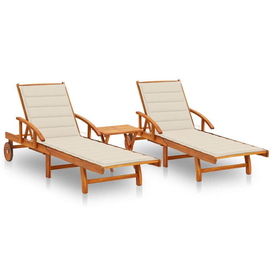 vidaXL Sun Loungers 2 pcs with Table and Cushions Solid Acacia Wood, 3077347