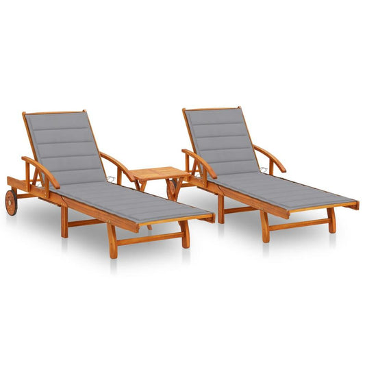 vidaXL Sun Loungers 2 pcs with Table and Cushions Solid Acacia Wood, 3077346