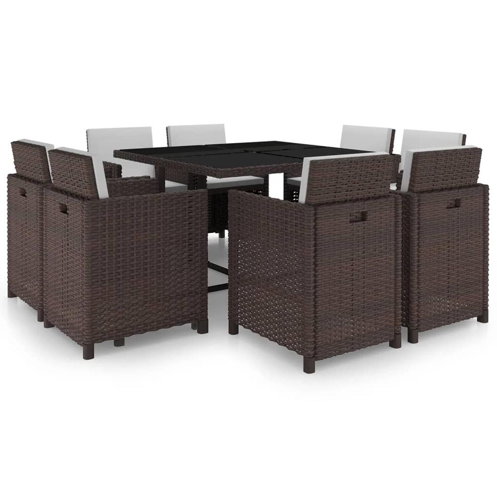 vidaXL 9 Piece Patio Dining Set with Cushions Poly Rattan Brown, 313646