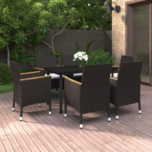 vidaXL 7 Piece Patio Dining Set with Cushions Poly Rattan and Glass, 3099772