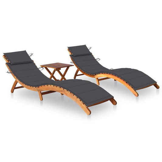 vidaXL Sun Loungers 2 pcs with Table and Cushions Solid Acacia Wood, 3077376