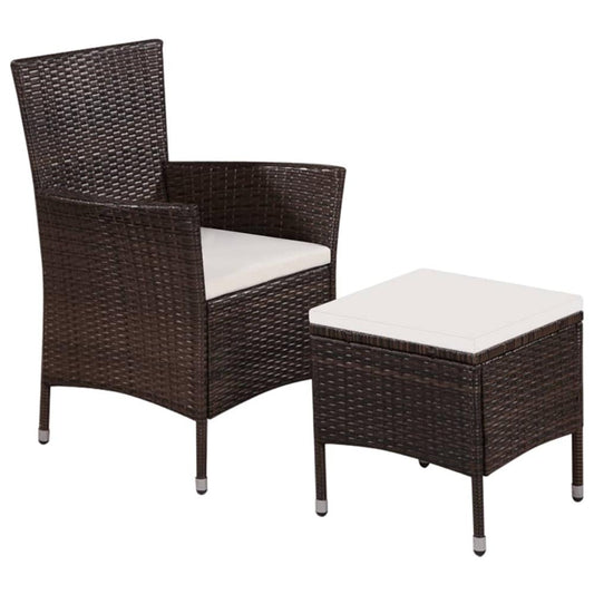 vidaXL Outdoor Chair and Stool with Cushions Poly Rattan Brown, 44090