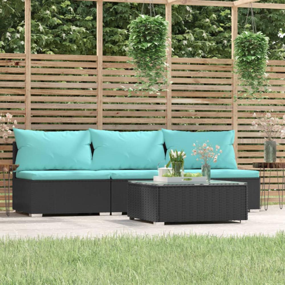 vidaXL 4 Piece Patio Lounge Set with Cushions Black Poly Rattan, 317540