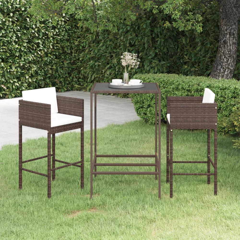 vidaXL 3 Piece Patio Bar Set with Cushions Poly Rattan Brown, 3094786