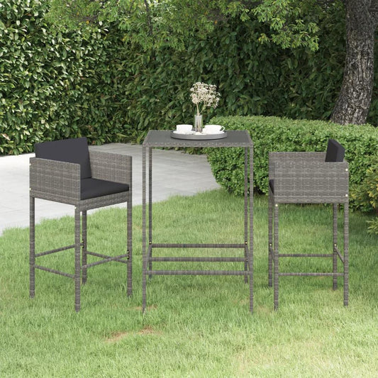 vidaXL 3 Piece Patio Bar Set with Cushions Poly Rattan Gray, 3094788