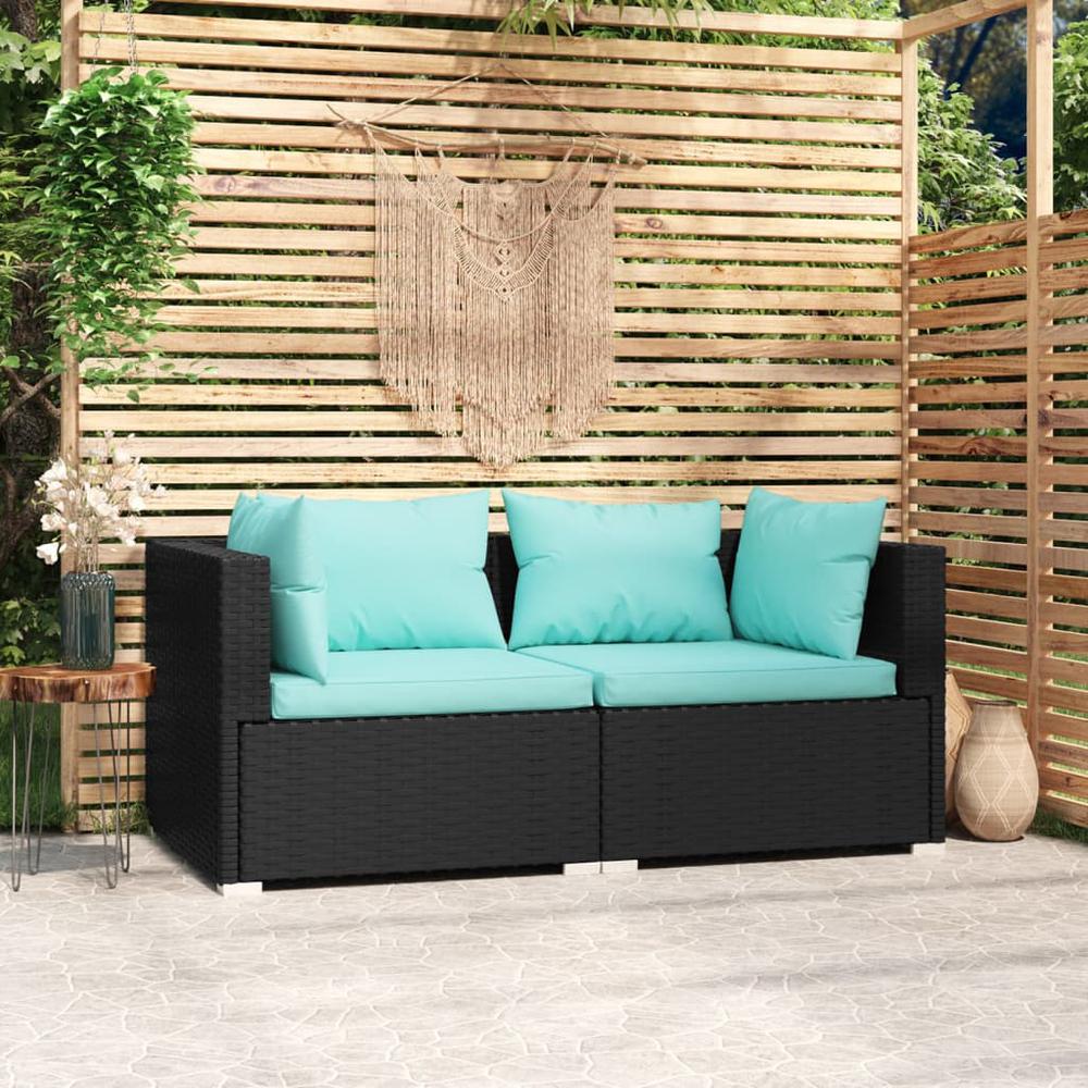 vidaXL 2-Seater Sofa with Cushions Black Poly Rattan, 317531