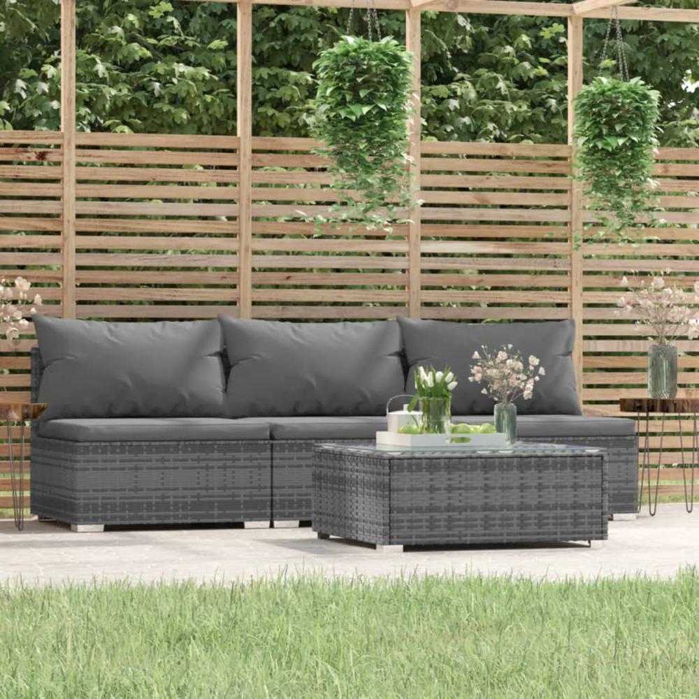 vidaXL 4 Piece Patio Lounge Set with Cushions Gray Poly Rattan, 317518