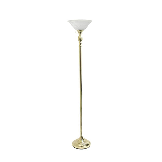 Classic 1 Light Torchiere Floor Lamp with Marbleized Glass Shade, Gold