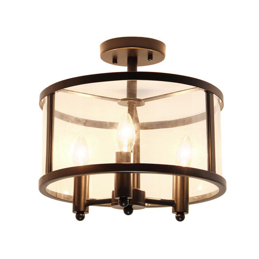 Medium 13" Iron and Glass Shade Industrial 3-Light Ceiling, Matte Black